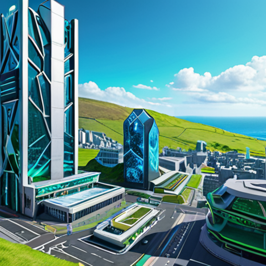 A futuristic cityscape on the Isle of Man, blending modern architecture with natural landscapes. Digital screens display esports events and blockchain technology visualizations. The scene emphasizes innovation, connectivity, and the convergence of finance and technology. Color palette: vibrant blues, greens, and silvers.