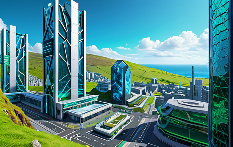A futuristic cityscape on the Isle of Man, blending modern architecture with natural landscapes. Digital screens display esports events and blockchain technology visualizations. The scene emphasizes innovation, connectivity, and the convergence of finance and technology. Color palette: vibrant blues, greens, and silvers.