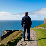 A solitary adult hiker, fully clothed in modest, professional outdoor attire, stands on a rugged coastal path of the Isle of Man, gazing out at the vast Irish Sea. In the distance, a historic stone castle (like Peel Castle) or a lone lighthouse stands against the horizon. The sky is a dramatic mix of blue and soft clouds. Natural pose, perfect anatomy, correct proportions, well-formed hands, proper finger count, natural body proportions, professional photography, high quality, safe for work, appropriate content, fully clothed, modest clothing, family-friendly.