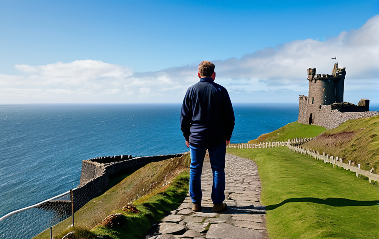 A solitary adult hiker, fully clothed in modest, professional outdoor attire, stands on a rugged coastal path of the Isle of Man, gazing out at the vast Irish Sea. In the distance, a historic stone castle (like Peel Castle) or a lone lighthouse stands against the horizon. The sky is a dramatic mix of blue and soft clouds. Natural pose, perfect anatomy, correct proportions, well-formed hands, proper finger count, natural body proportions, professional photography, high quality, safe for work, appropriate content, fully clothed, modest clothing, family-friendly.