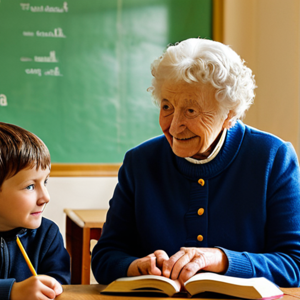 A diverse group of individuals in the Isle of Man, including an elderly Manx woman and several young children, gathered in a brightly lit community center. All subjects are fully clothed in modest, everyday appropriate attire. The elderly woman, wearing a traditional knit shawl, gently guides the children as they look at a book together, possibly pointing at words. The room features dual-language signs (English and Manx Gaelic) on the walls, and a table with books. Sunlight streams warmly through a window, creating a hopeful and intergenerational atmosphere. High-quality professional photography, natural lighting, sharp focus, perfect anatomy, correct proportions, well-formed hands, proper finger count, natural body proportions, safe for work, appropriate content, fully clothed, family-friendly.