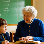 A diverse group of individuals in the Isle of Man, including an elderly Manx woman and several young children, gathered in a brightly lit community center. All subjects are fully clothed in modest, everyday appropriate attire. The elderly woman, wearing a traditional knit shawl, gently guides the children as they look at a book together, possibly pointing at words. The room features dual-language signs (English and Manx Gaelic) on the walls, and a table with books. Sunlight streams warmly through a window, creating a hopeful and intergenerational atmosphere. High-quality professional photography, natural lighting, sharp focus, perfect anatomy, correct proportions, well-formed hands, proper finger count, natural body proportions, safe for work, appropriate content, fully clothed, family-friendly.