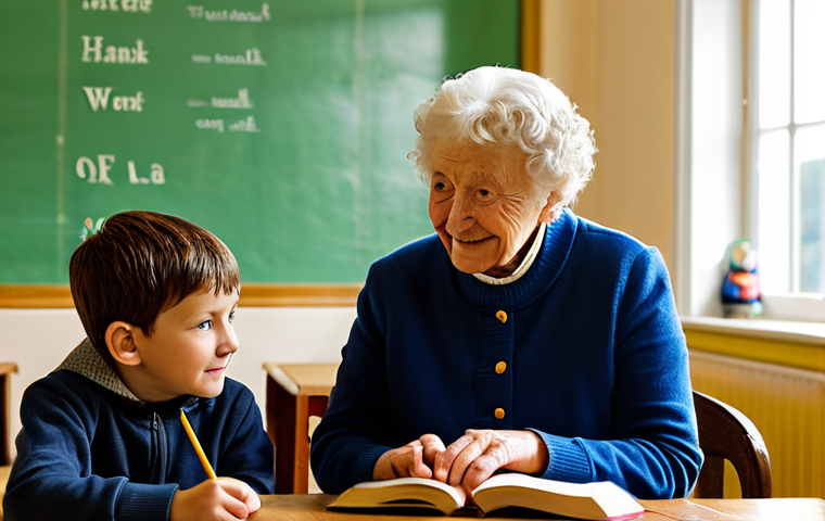 A diverse group of individuals in the Isle of Man, including an elderly Manx woman and several young children, gathered in a brightly lit community center. All subjects are fully clothed in modest, everyday appropriate attire. The elderly woman, wearing a traditional knit shawl, gently guides the children as they look at a book together, possibly pointing at words. The room features dual-language signs (English and Manx Gaelic) on the walls, and a table with books. Sunlight streams warmly through a window, creating a hopeful and intergenerational atmosphere. High-quality professional photography, natural lighting, sharp focus, perfect anatomy, correct proportions, well-formed hands, proper finger count, natural body proportions, safe for work, appropriate content, fully clothed, family-friendly.